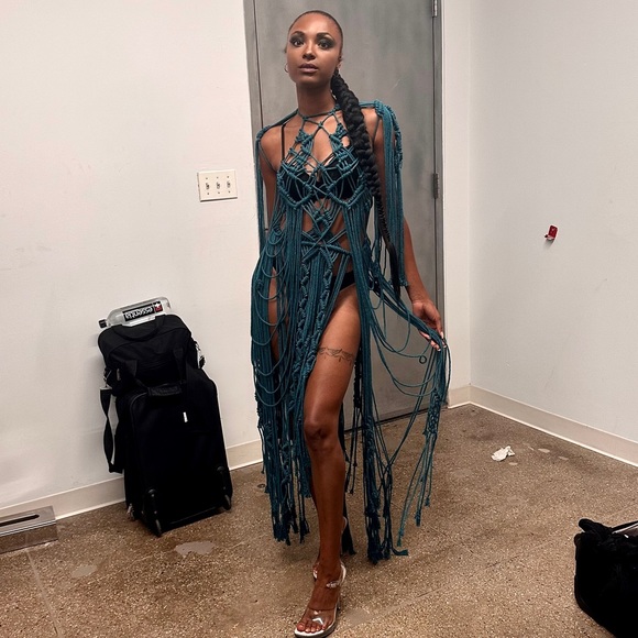 Handmade Macramé Bondage Dress Teal Blue Crochet Cut Out Distressed - Picture 4 of 16